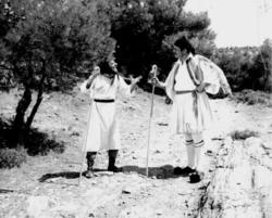 Kostas Chatzichristos and Loukianos Rozan, starring in the film Sweetheart of a shepherdess, directed by Dimitris Dadiras, in 1955